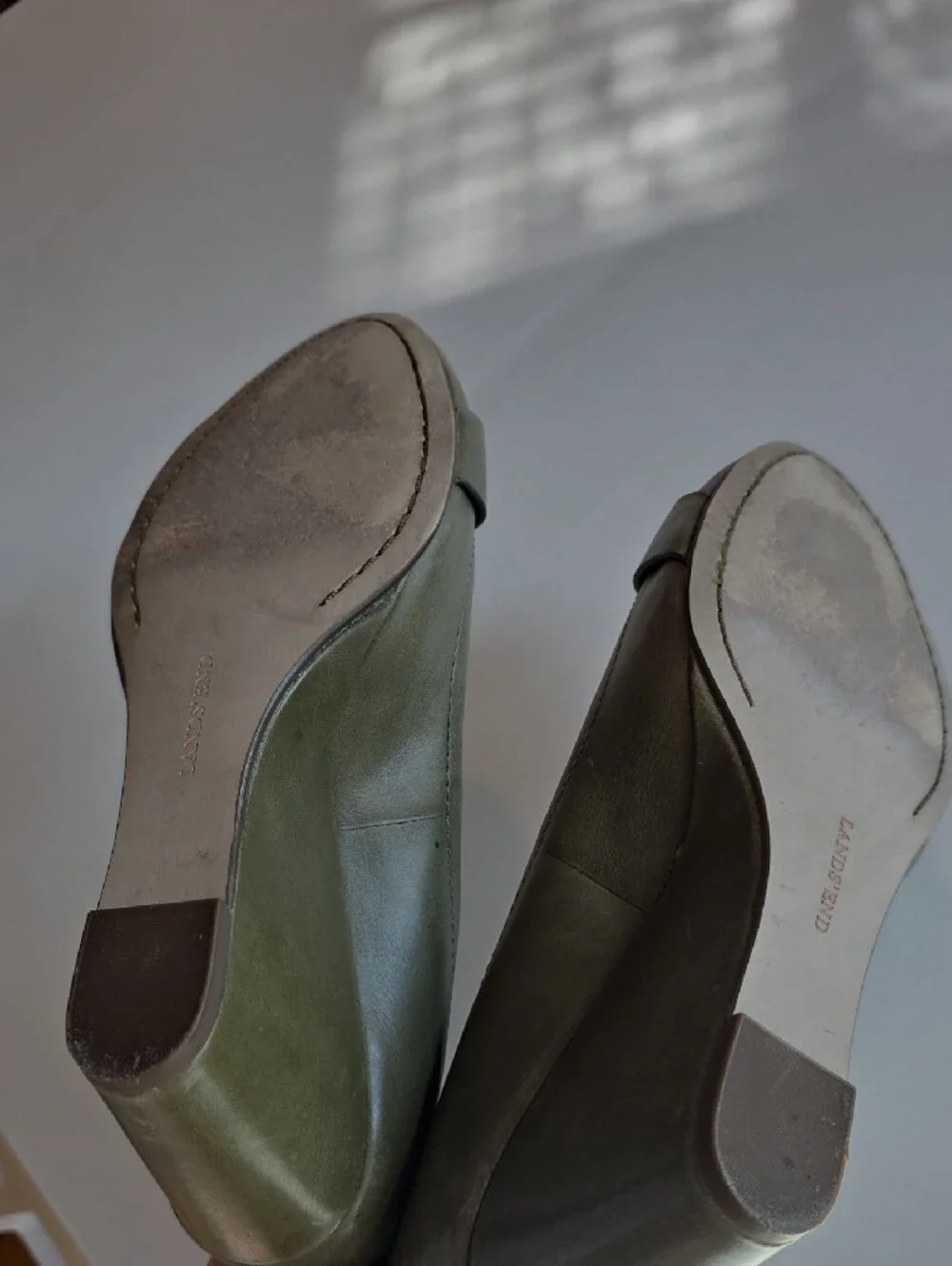 Lands' End Olive Leather Slip-On Ballet Flat Wedge Pumps with Strap Accent